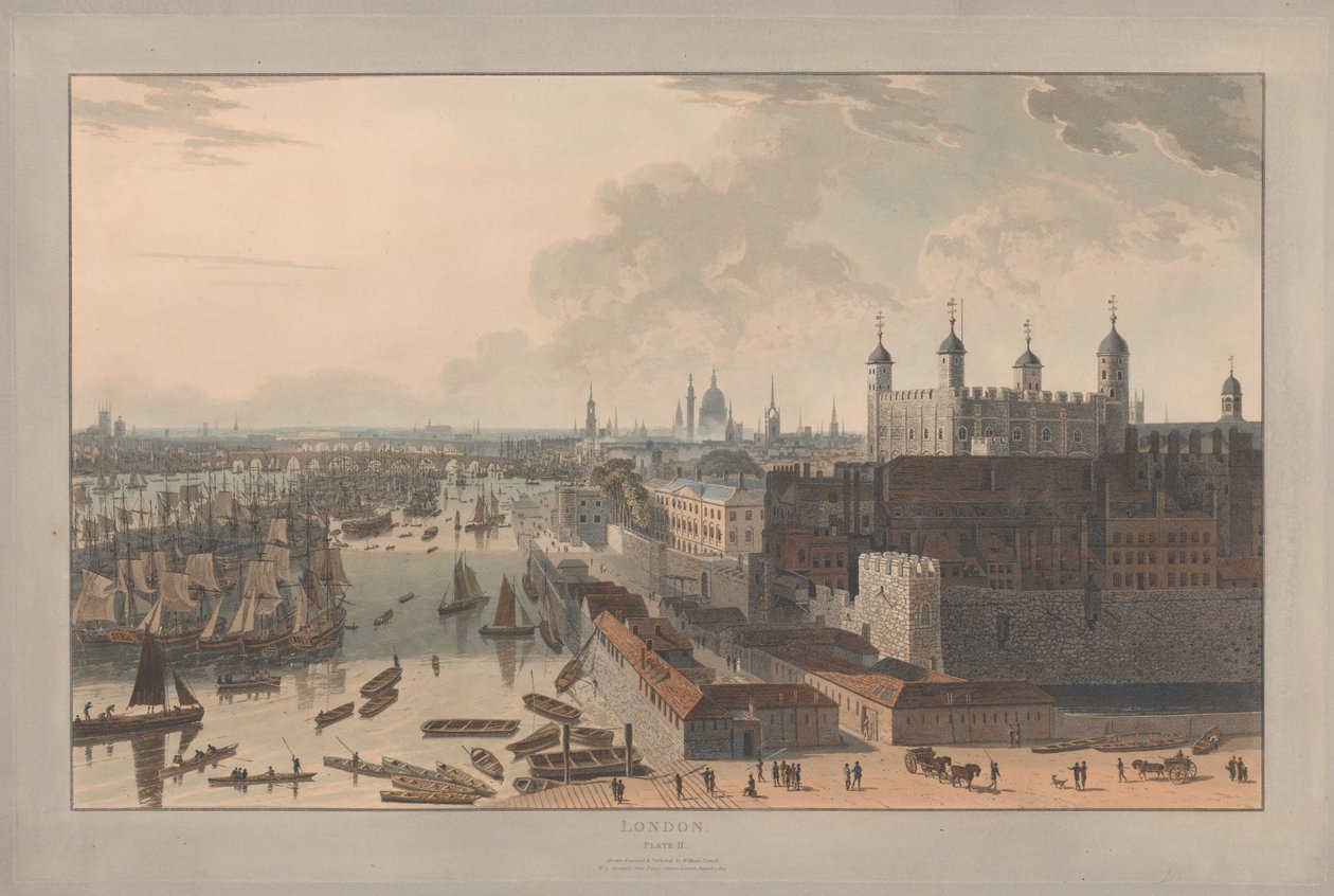 Obrázek II: Londýn, bazén a Tower (z díla Williama Daniella „Šest pohledů na Londýn“; pohled od Temže) od William Daniell