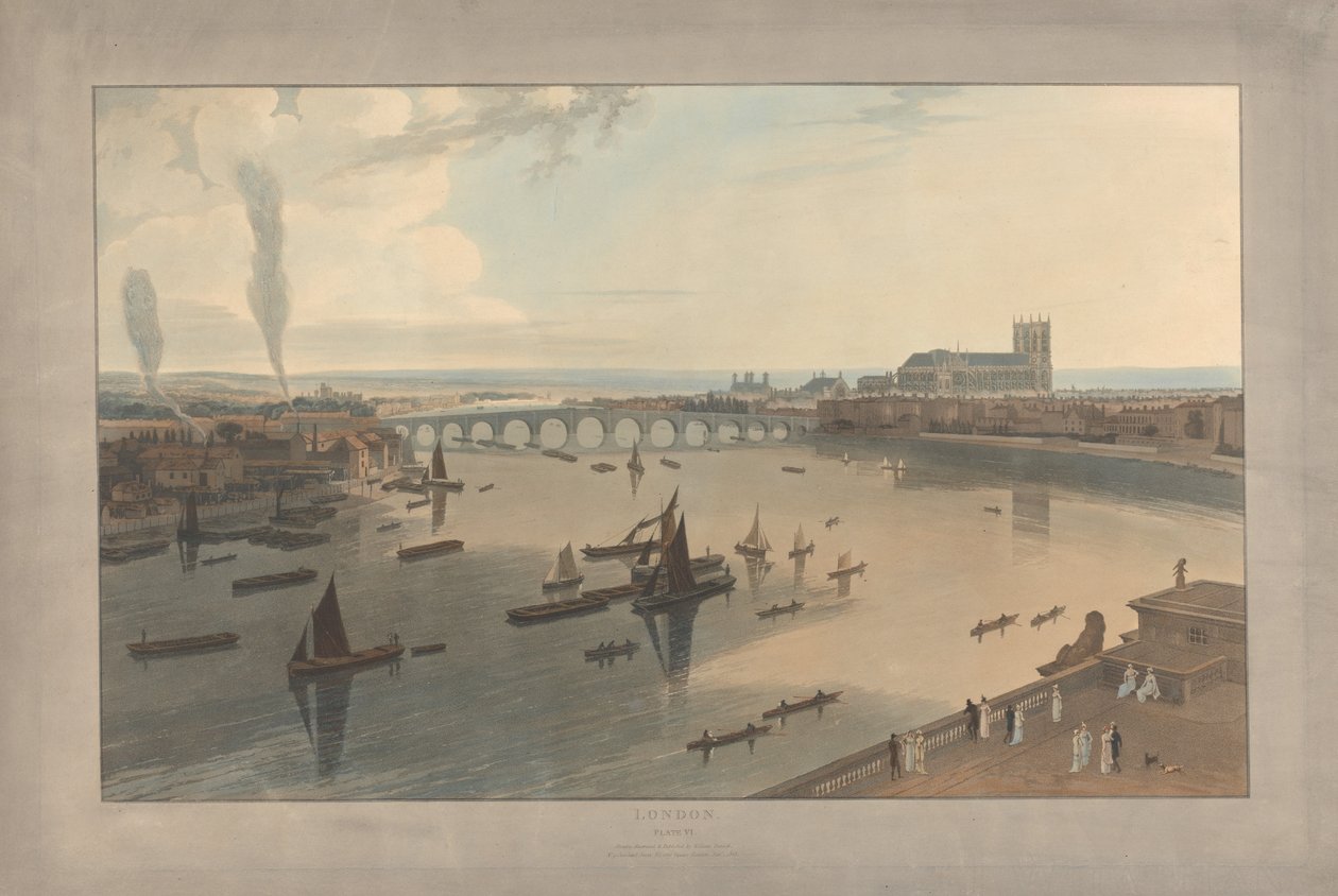 Tabule VI: Londýn, Westminsterský most a opatství od William Daniell