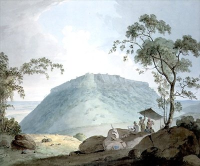 Jihovýchodní pohled na pevnost Hill of Bijaigaih, Bihar (akvarel na papíře) od William Daniell