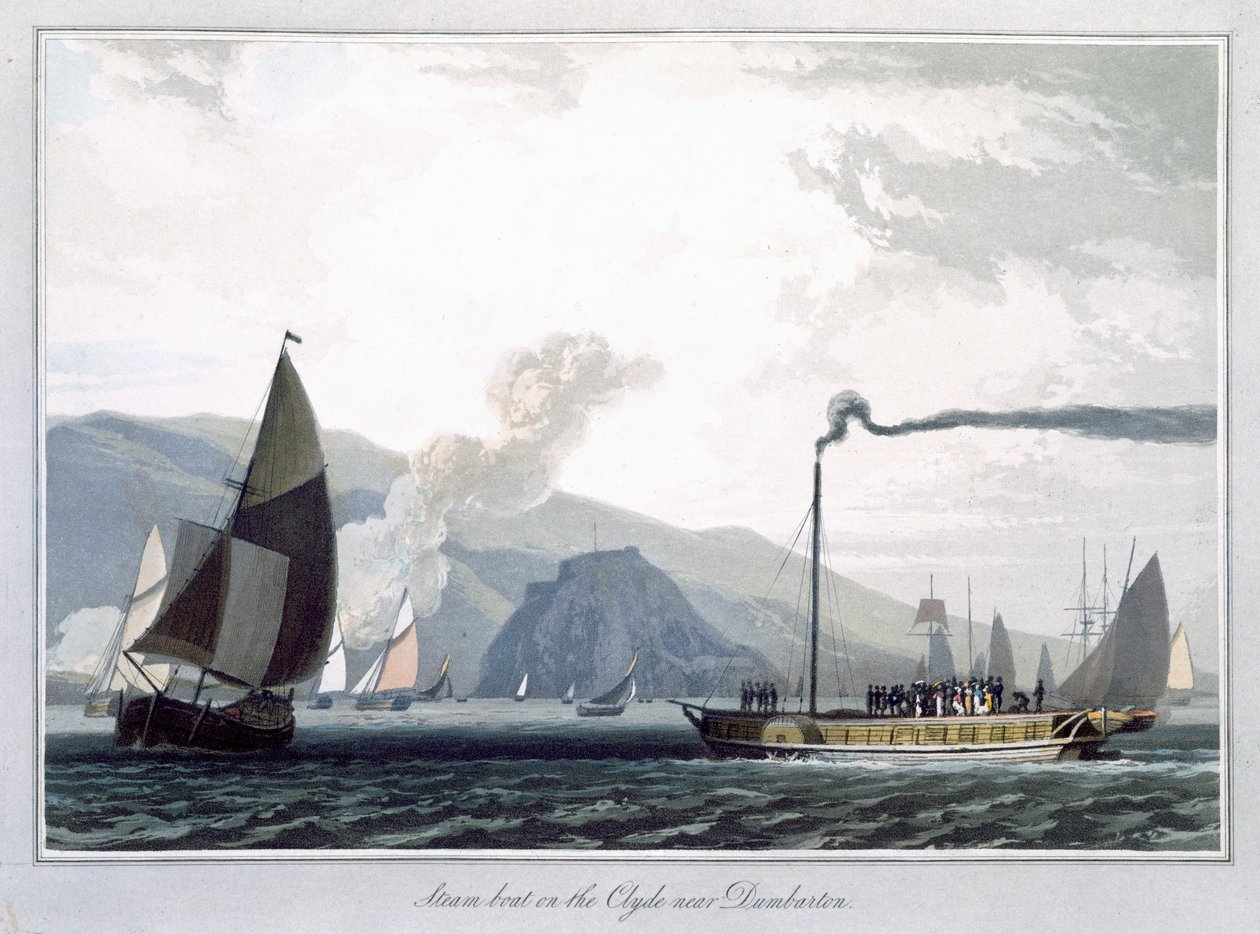 „Parní člun na Clyde u Dumbartonu“, Skotsko, 1829 od William Daniell