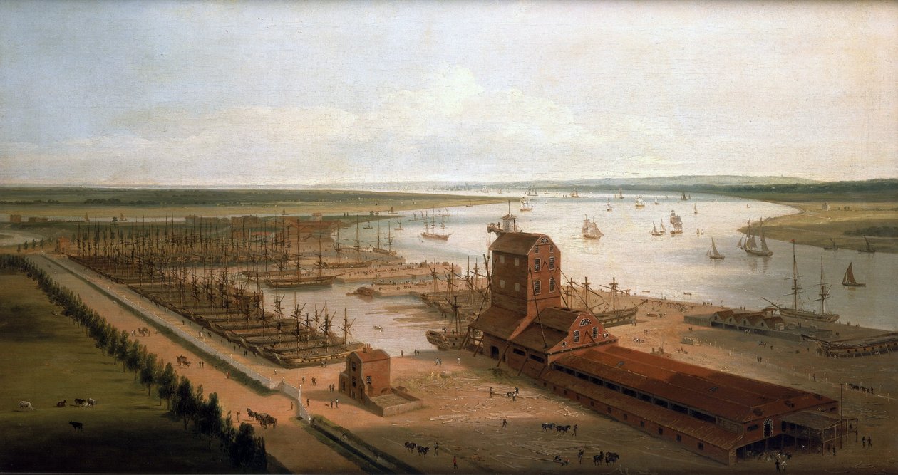 Loděnice Perry (tehdy Green) v Brunswick Docks a Blackwall Building, továrna na stěžně, podél Temže (Anglie). od William Daniell