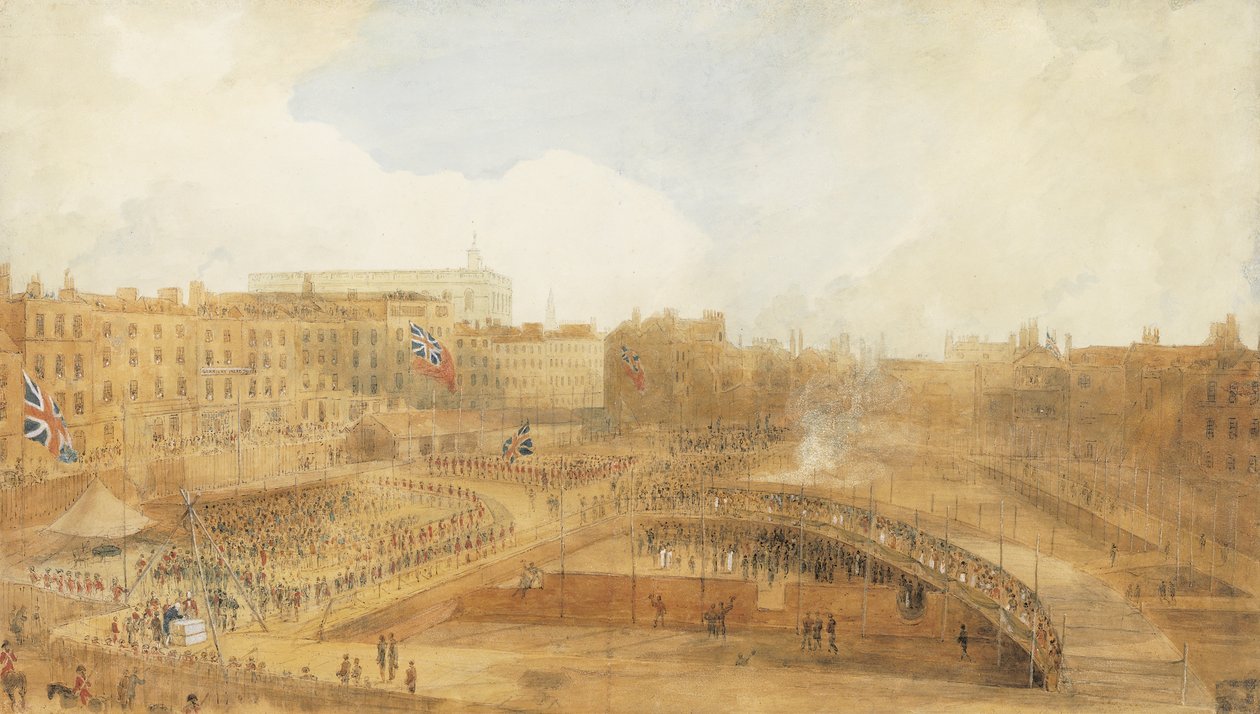 Princ z Walesu pokládá základní kámen divadla Theatre Royal, Covent Garden, 31. prosince 1808 (tužka, pero a hnědý inkoust a akvarel zvýrazněny doteky tělové barvy a se škrábáním) od William Daniell