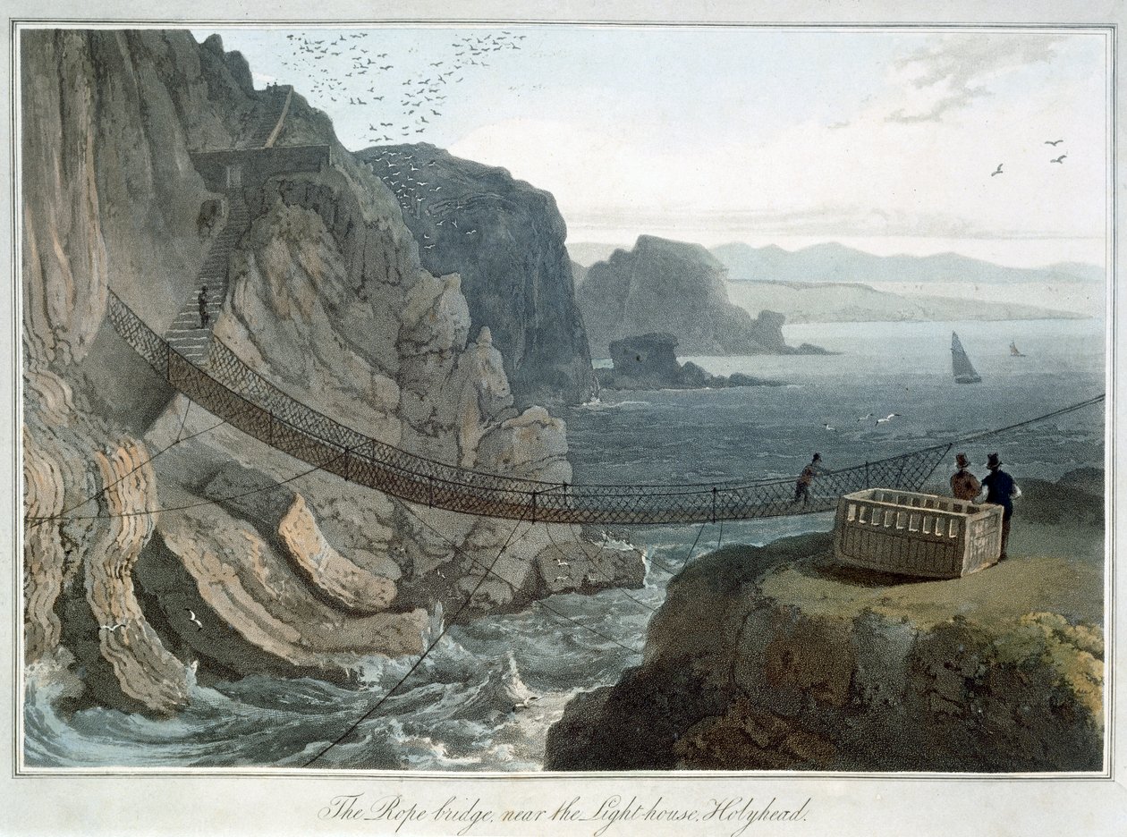 „Provazový most poblíž majáku, Holyhead“, Anglesey, Wales, 1829 od William Daniell