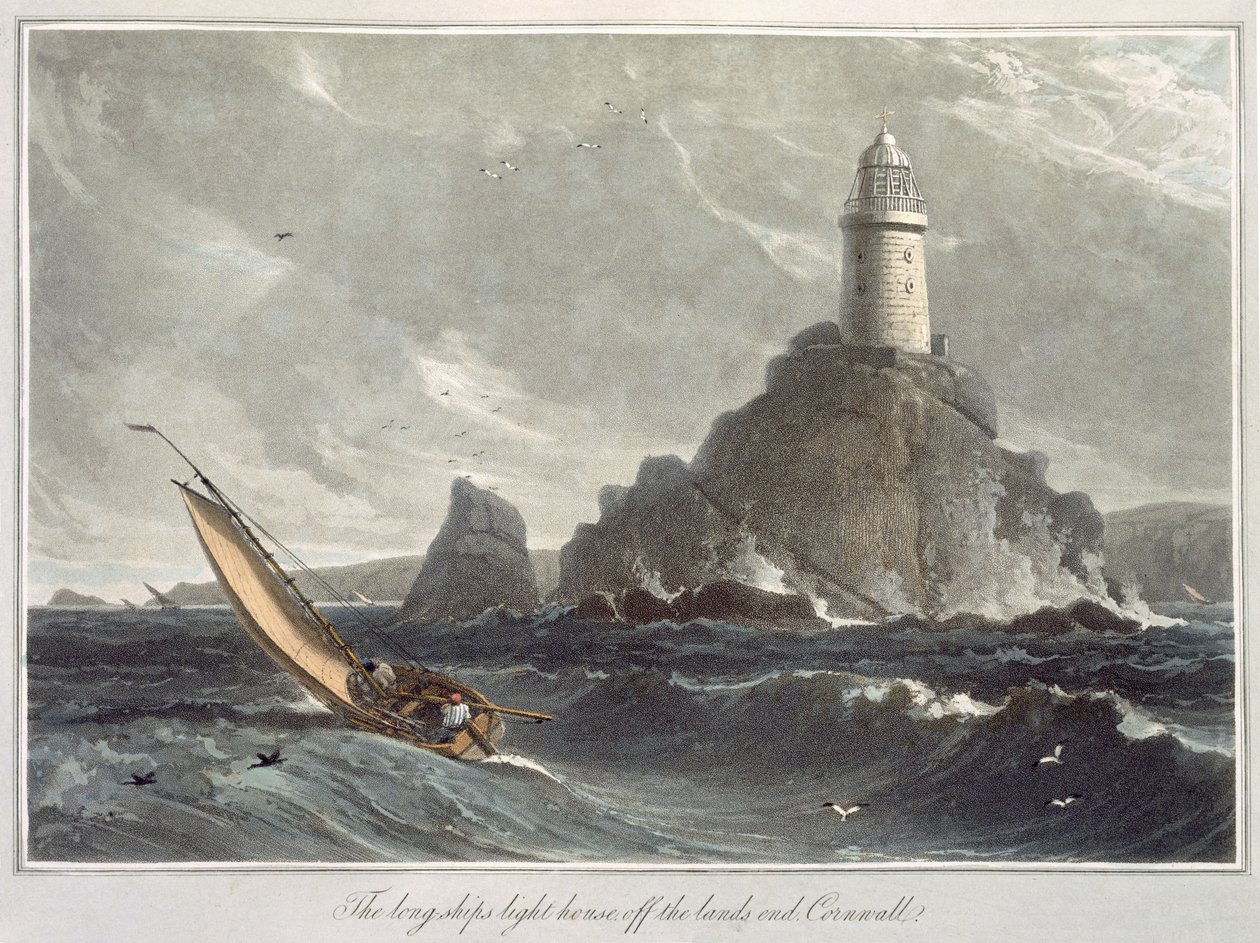 Maják u Lands Endu v Cornwallu, ze svazku I knihy "A Voyage around Great Britain Undertaken between the Years 1814 and 1825", vydané v roce 1814 (akvatinta) od William Daniell
