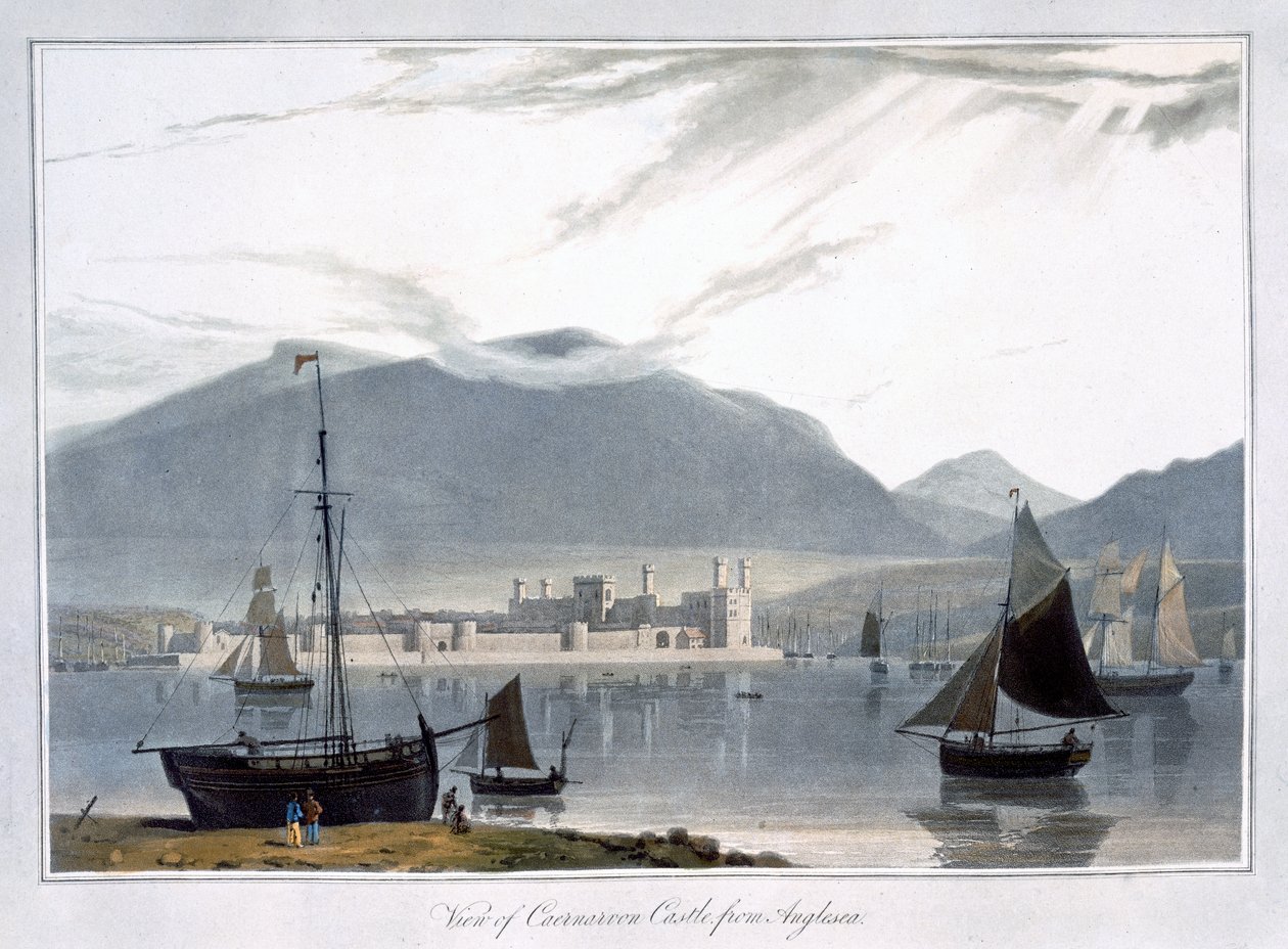 „Pohled na hrad Caernarvon z Anglesea“, Wales, 1814 od William Daniell