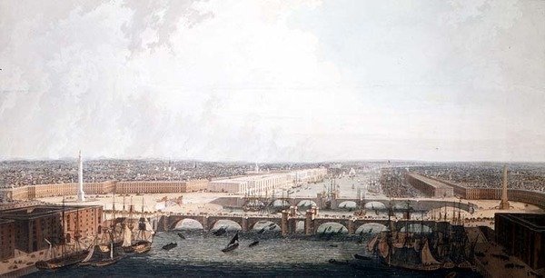 Pohled na Londýn s vylepšením jeho přístavu a dvojitým mostem London Bridge. Předložil užšímu výboru Dolní sněmovny William Daniel (akvatinta) od William Daniell