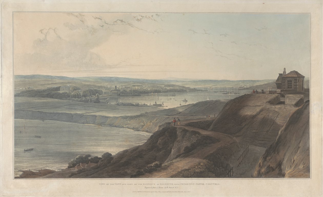 Pohled na město a část přístavu Falmouth z hradu Pendennis, Cornwall od William Daniell