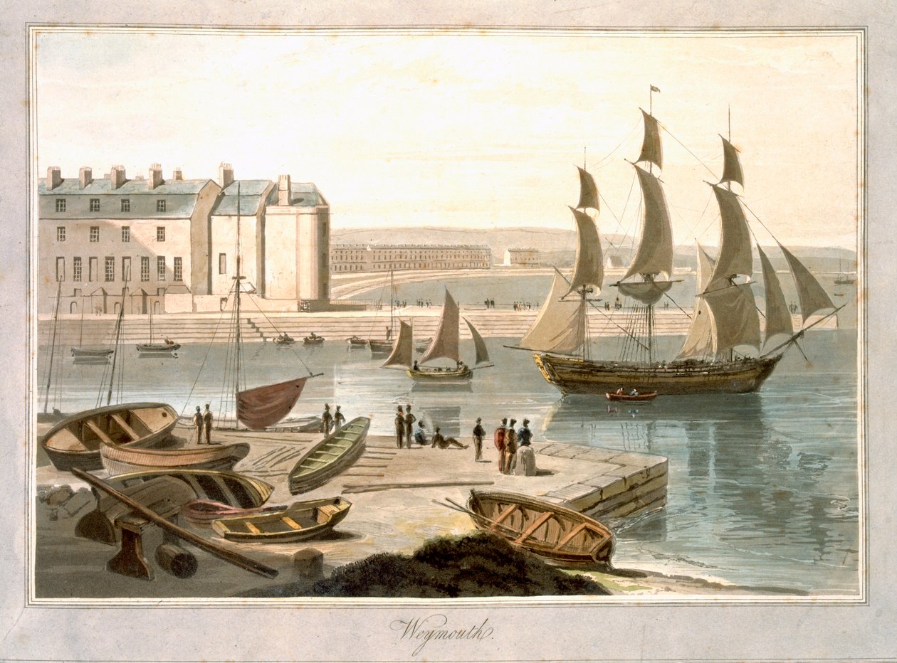 Weymouth Harbour, z knihy "A Voyage Around Great Britain Undertaken between the Years 1814 and 1825" vydané v roce 1829. od William Daniell