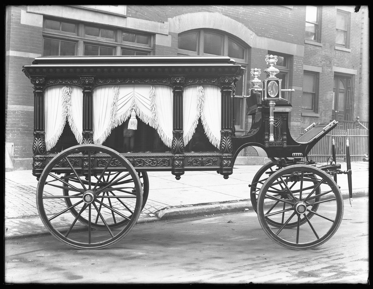 Pohřební vůz tažený koňmi patřící F.S. York, zaparkované na W. 145th Street (nebo E. 145th Street), New York City, 1. prosince 1914 od William Davis Hassler