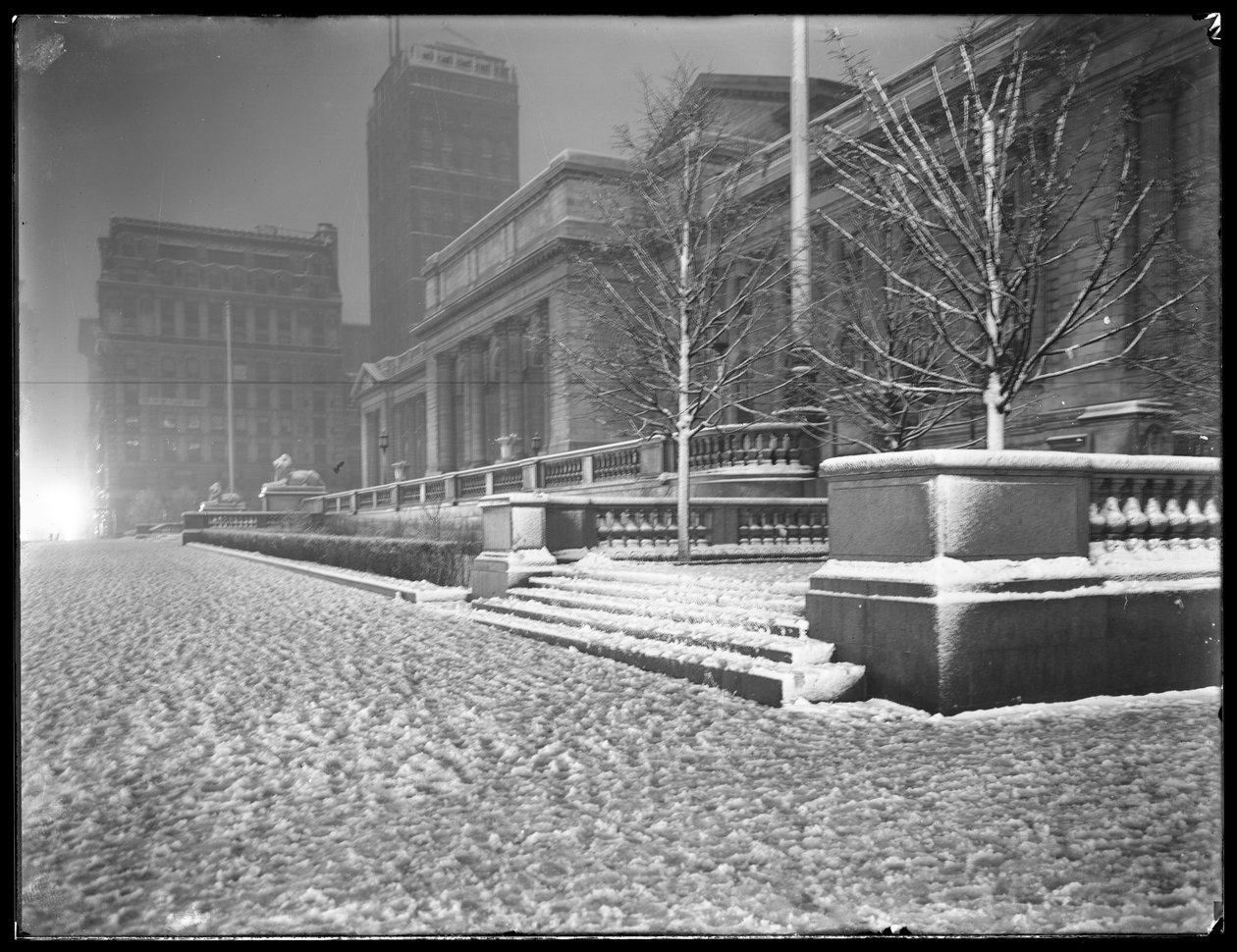 Noční pohled na fasádu Fifth Avenue hlavní pobočky New York Public Library ve sněhu, 42nd Street a Fifth Avenue, New York City, 6. března 1915 od William Davis Hassler