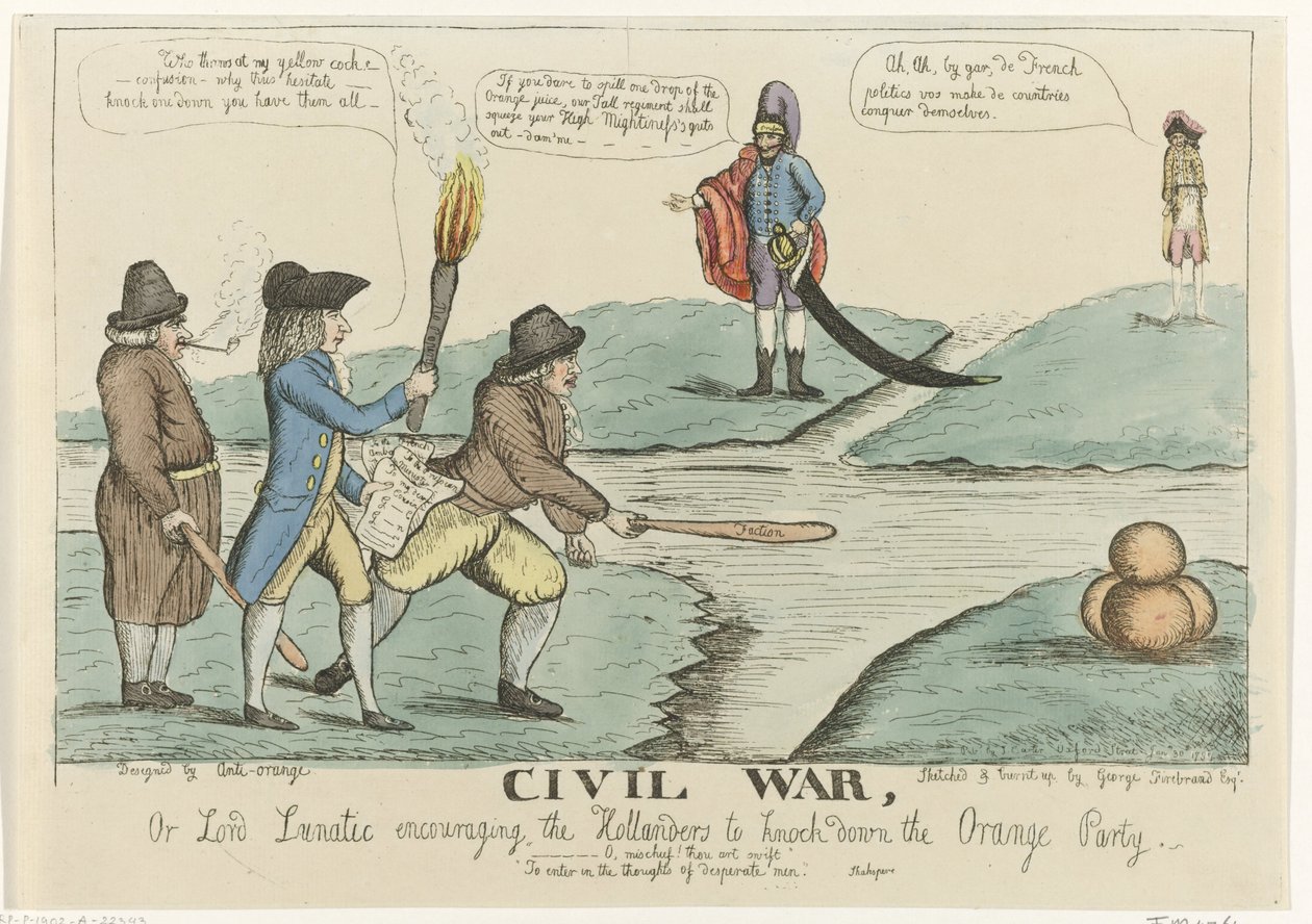 Anglická karikatura nizozemských občanských sporů, 1787 Občanská válka nebo Lord šílenec povzbuzující Hollandery, aby srazili Orange Party (název na objektu) od William Dent