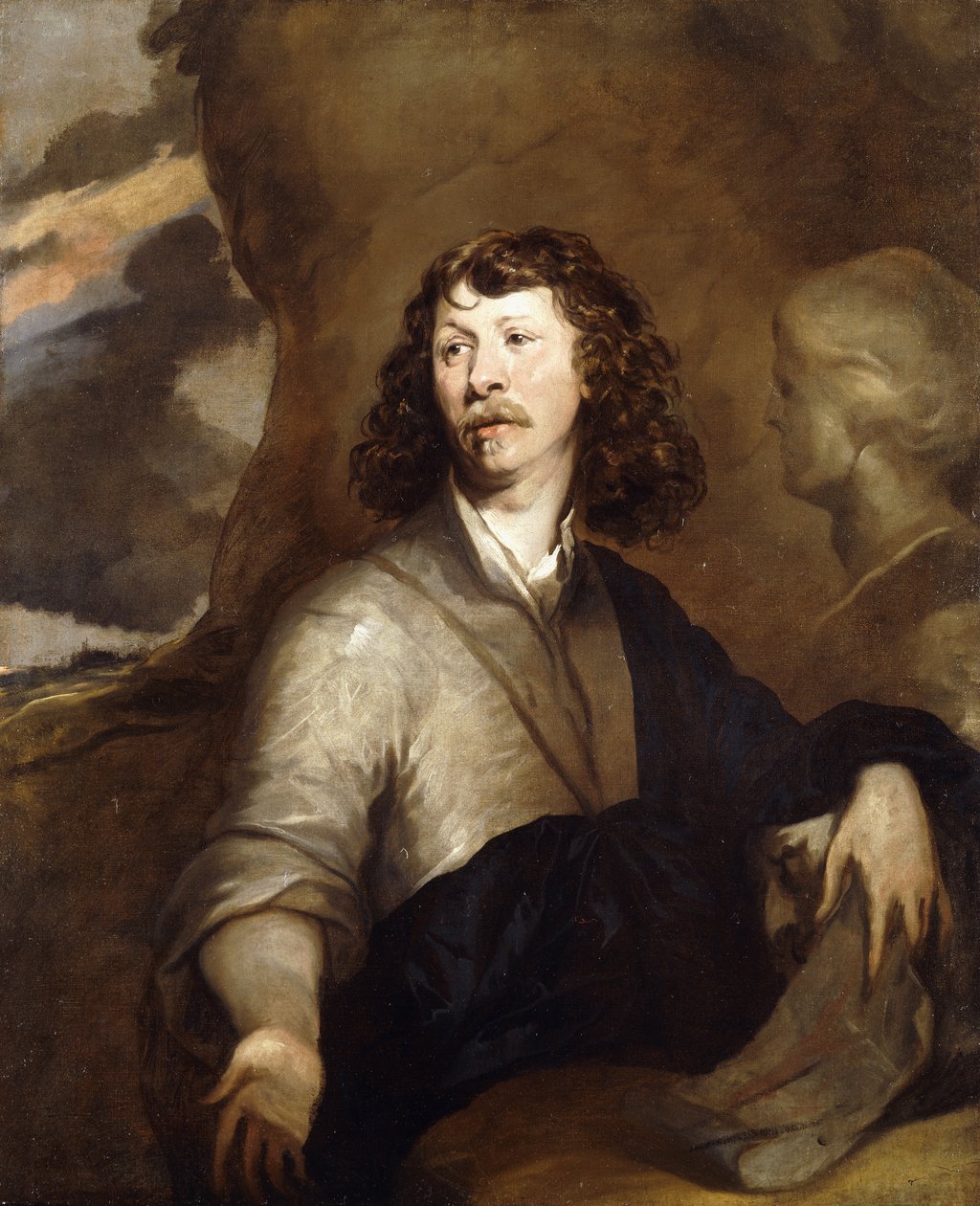 Portrét gentlemana, možná umělce, polodlouhý, v hnědém plášti a modrém zavinutí, vedle mramorové busty, ve skalnaté krajině, od William Dobson