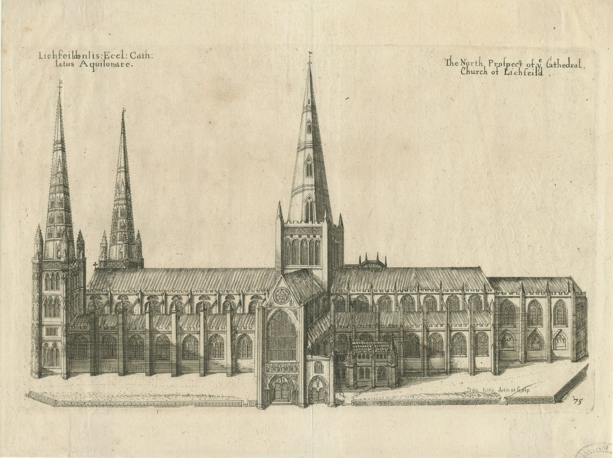 Katedrála Lichfield - South View: mědirytina, nd [? polovina 17. století] od William Dugdale
