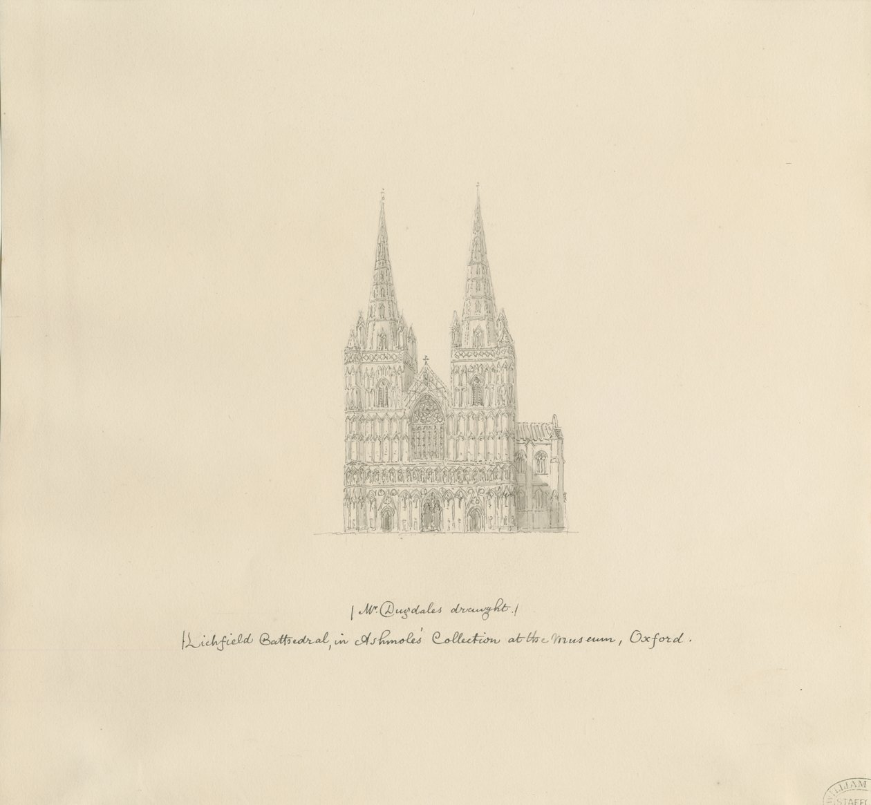 Katedrála Lichfield – západní fronta: kresba perem, nd [? konec 17. století] (kresba) od William Dugdale