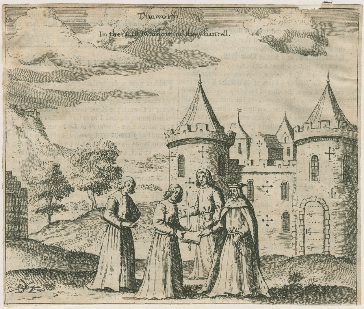 Hrad Tamworth - Okenní sklo: rytina a [? 17. století] (tisk) od William Dugdale