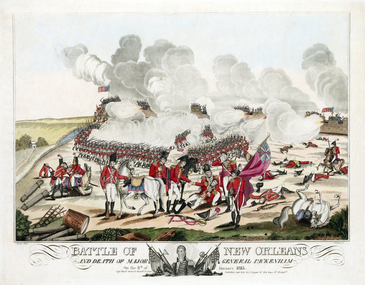 Bitva u New Orleans a smrt generálmajora Packenhama 8. ledna 1815, hospoda. 1815 (barevná rytina) od William Edward (after) West