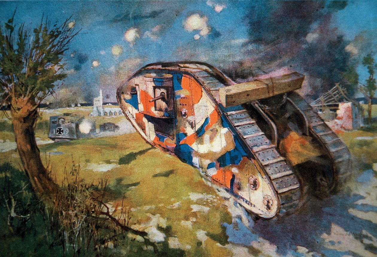 Kamuflovaný britský tank Mk IV v akci proti německému tanku v 1. světové válce, ilustrace zveřejněná v 