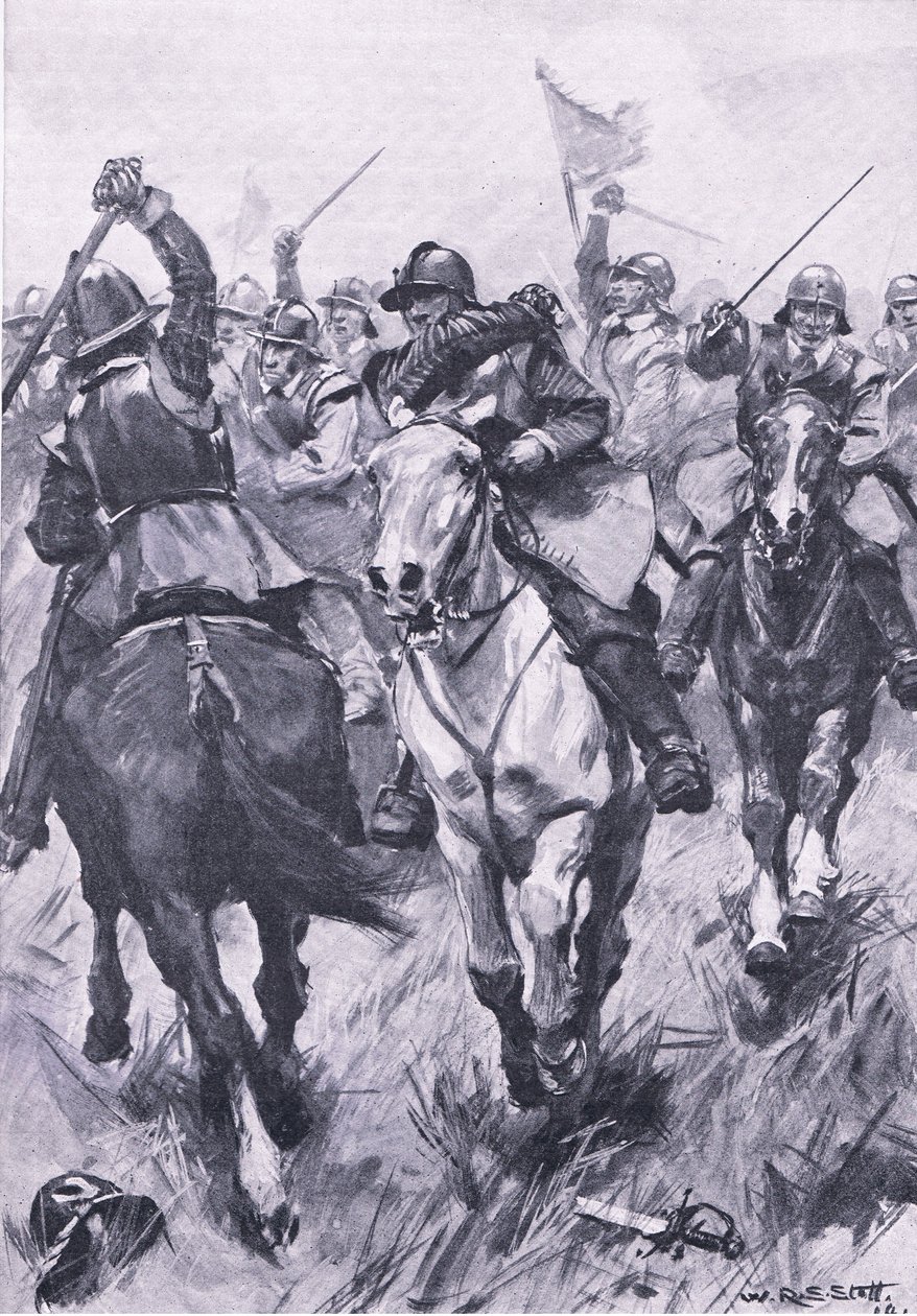 Jezdecký konflikt u Dunbaru 3. září 1650, ilustrace z knihy Britské bitvy na souši a na moři , 1915. od William Edward Stott