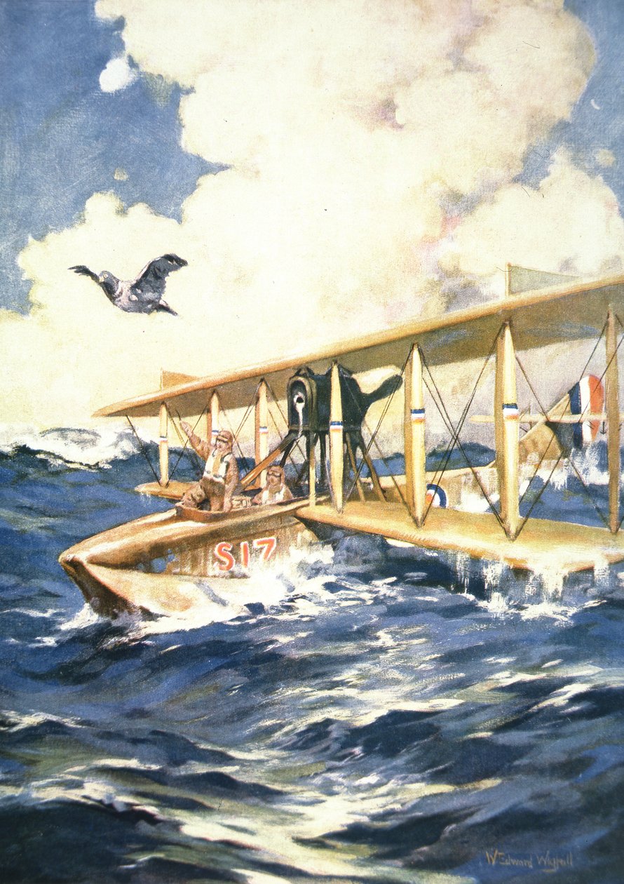 "S naším hydroplánem v Severním moři, nosičem na záchranu", z "The Sphere" od William Edward Wigfull