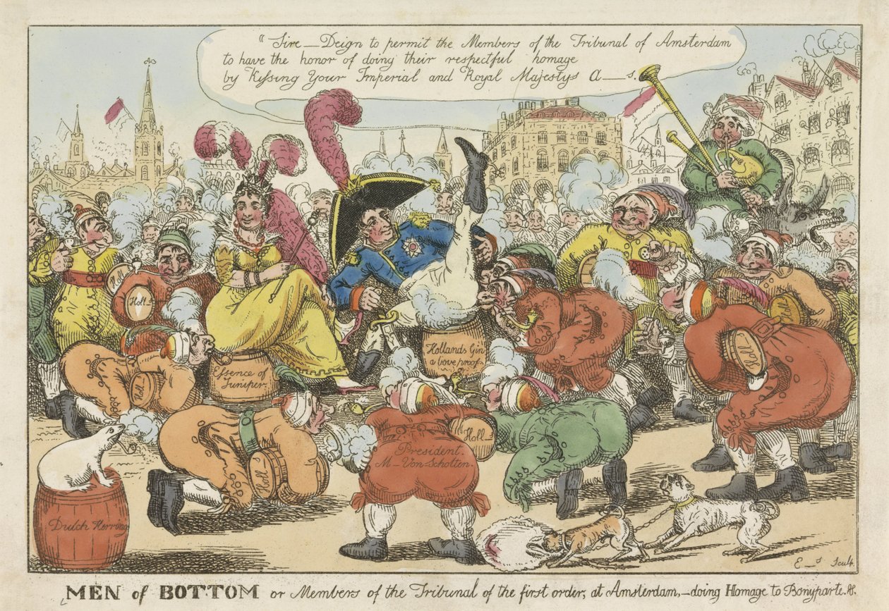 Nizozemci chtějí políbit Napoleonovi zadek, 1811 Muži dna nebo členové Tribunálu prvního řádu v Amsterdamu – vzdávají hold Bonyparte (titul na předmětu) od William Elmes