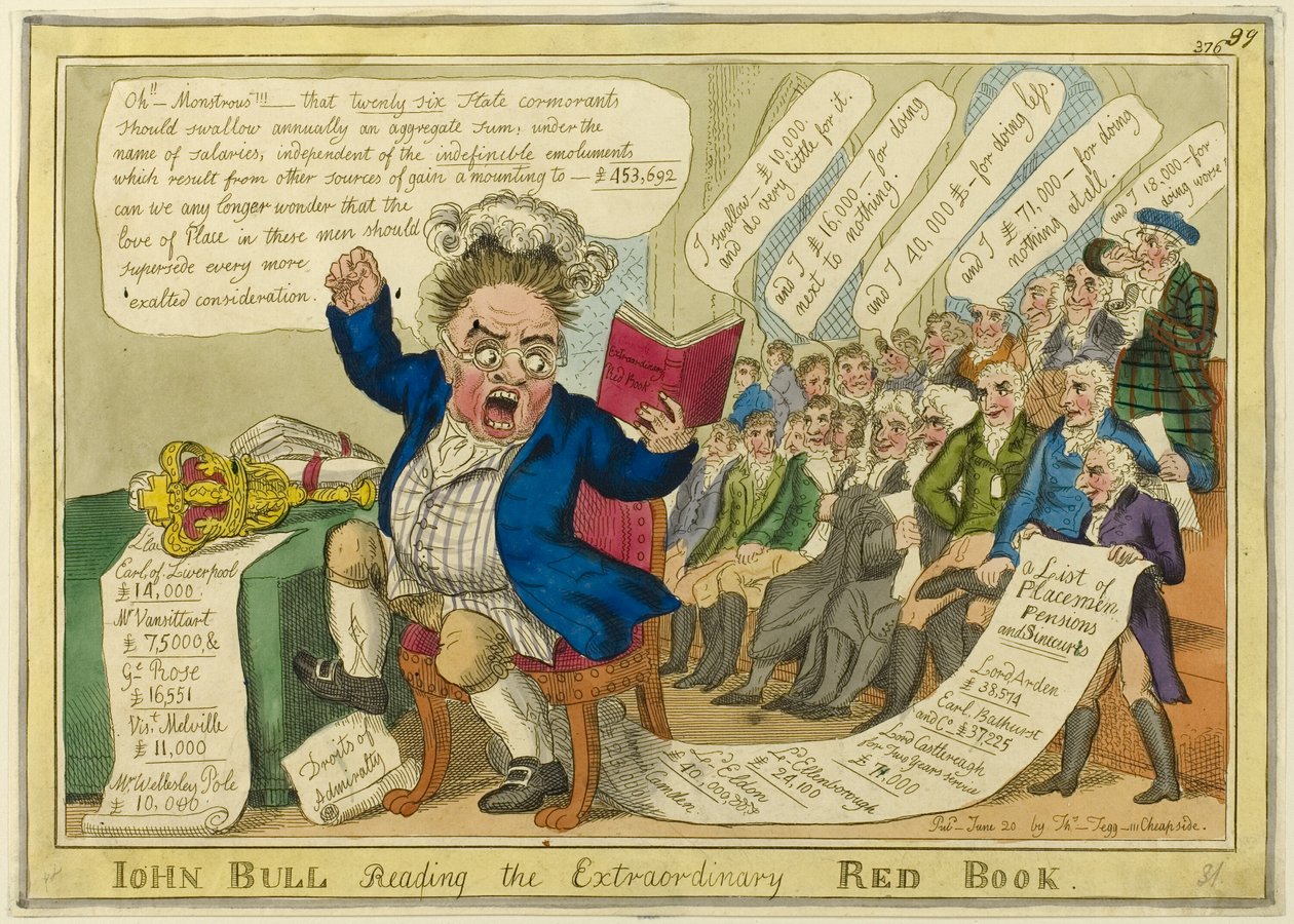 John Bull čte Neobyčejnou červenou knihu od William Elmes