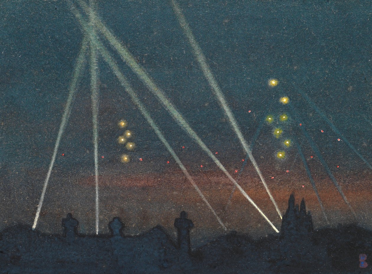 Světlomety během bombardování (akvarel na papíře) od William Ernest Buchanan