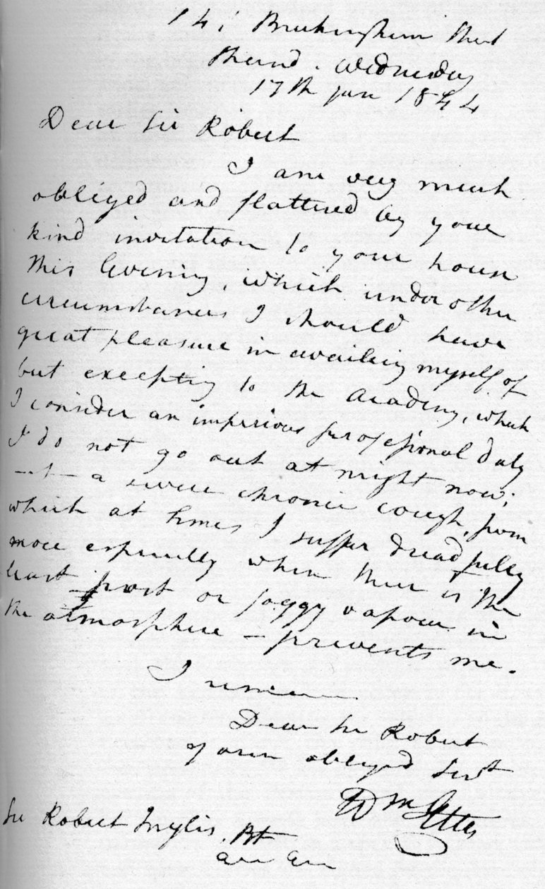 Dopis od Williama Ettyho, 17. ledna 1844 1904 od William Etty
