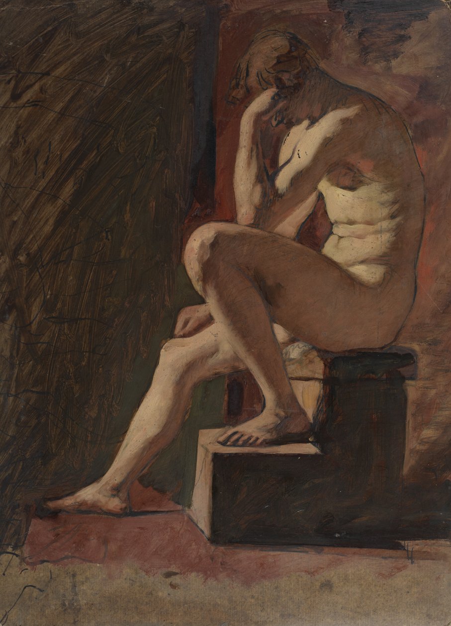 Sedící mužský akt, hlava opřená o ruku, levá noha opřená o blok od William Etty