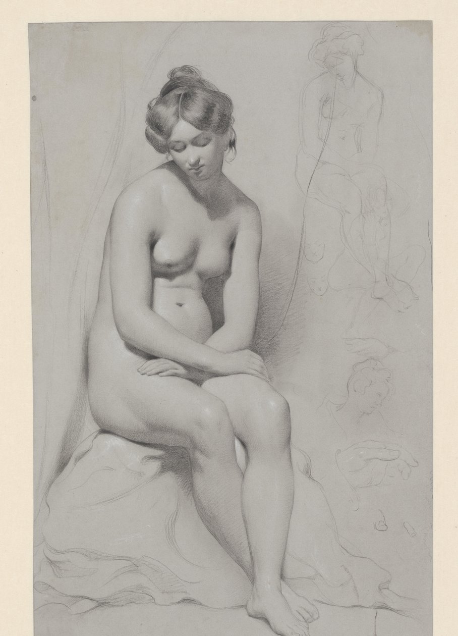 Sedící nahá modelka s vysokým účesem, znovu načrtnutá vedle od William Etty