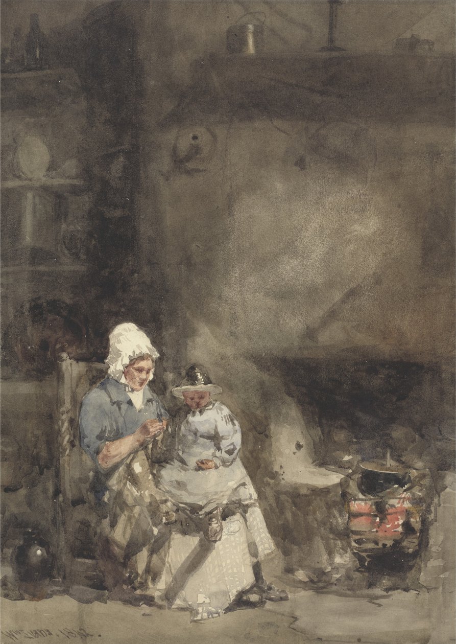 Žena a dítě u krbu, 1842 (wc nad grafitem na papíře) od William Evans