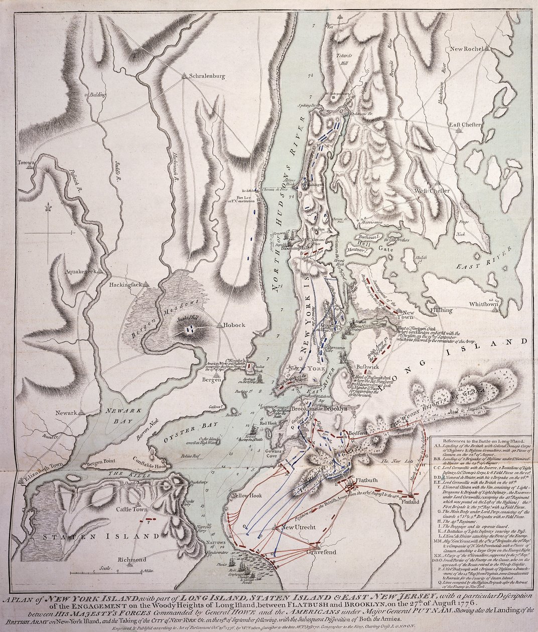 Plán ostrova New York s částí Long Island, Staten Island a East New Jersey a angažmá na Woody Heights na Long Islandu mezi britskými silami, pod velením generála Sira Williama Howea od William Faden