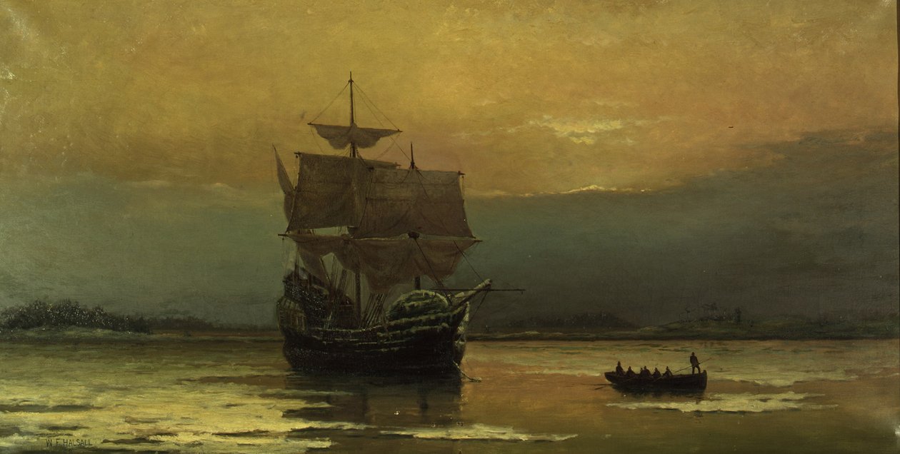 Mayflower při jejím příjezdu do Plymouth Harbor, 1882. od William Formby Halsall