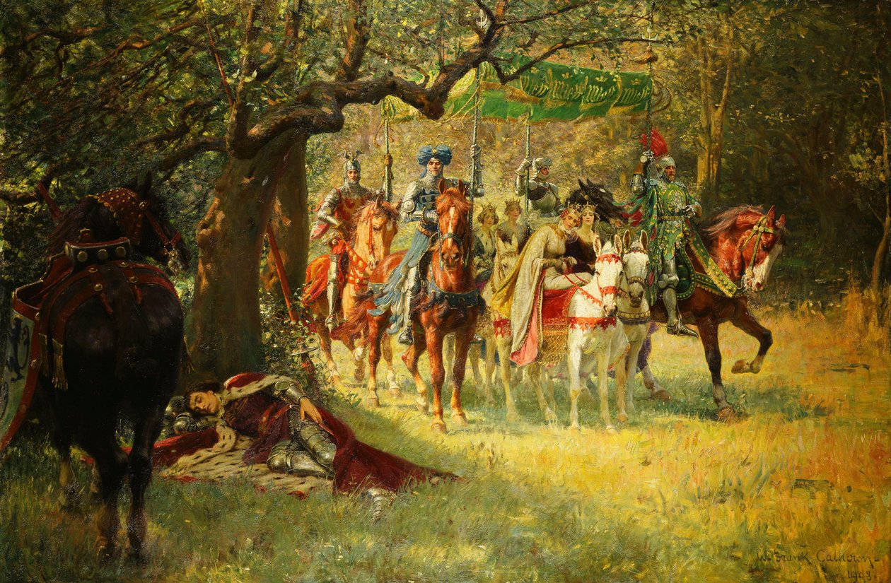 Jak čtyři královny našly sira Lancelota spícího od William Frank Calderon