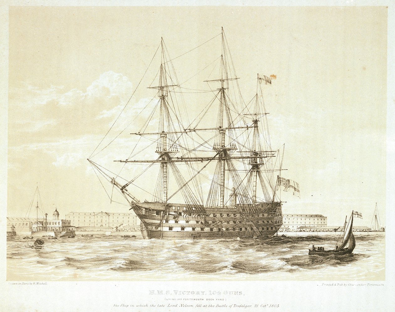 HMS "Victory", konec 18. až začátek 19. století (kolorovaná litografie) od William Frederick Mitchell