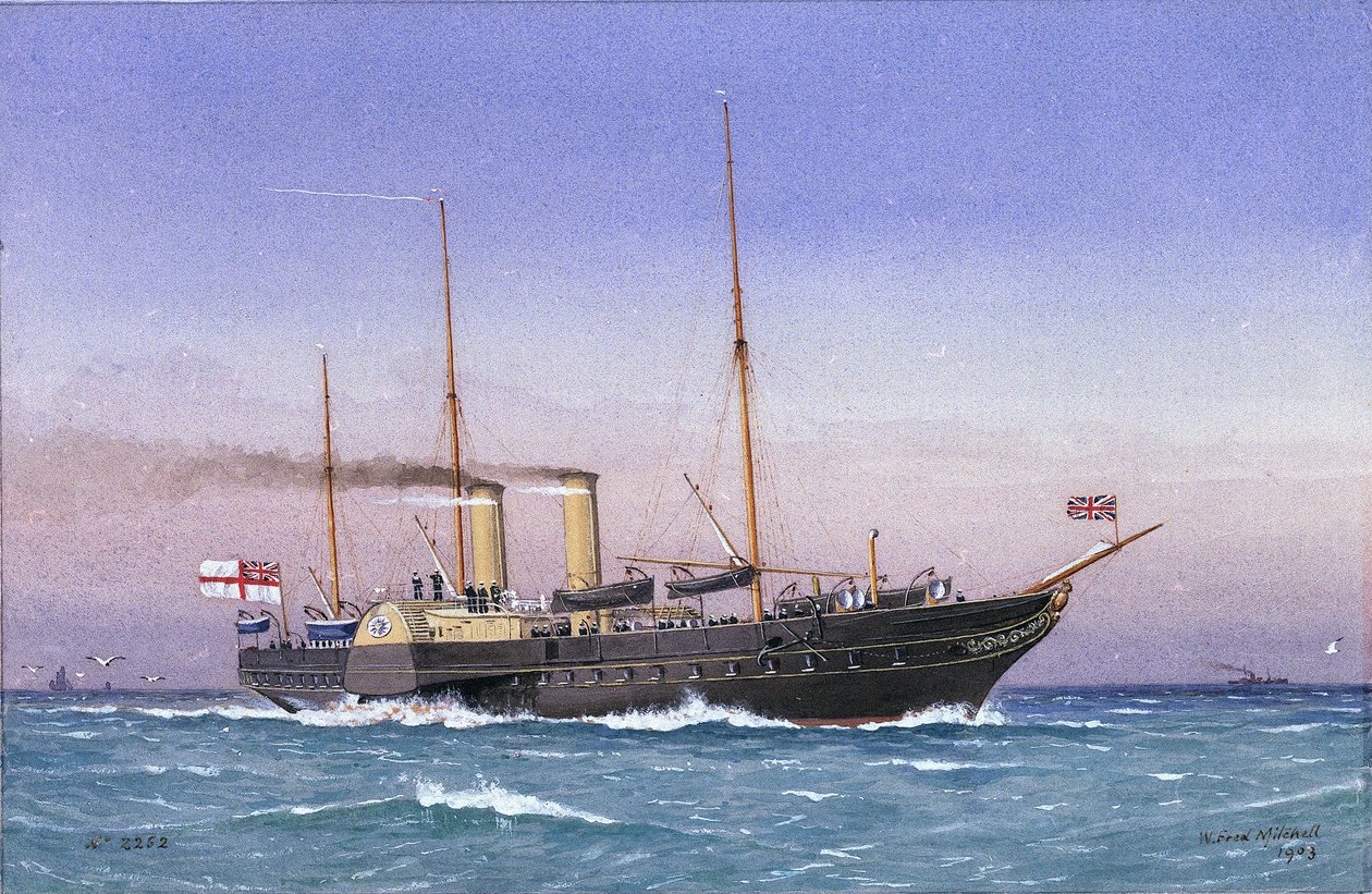 Královská jachta "Osborne" (1870) na moři se složenými plachtami a plnou parou. Akvarel od William Frederick Mitchell