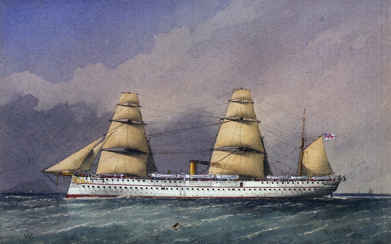 Loď HMS "Jumna" (1866), loď s železným trupem, určená k přepravě vojáků z indického subkontinentu a zpět. Akvarel od William Frederick Mitchell