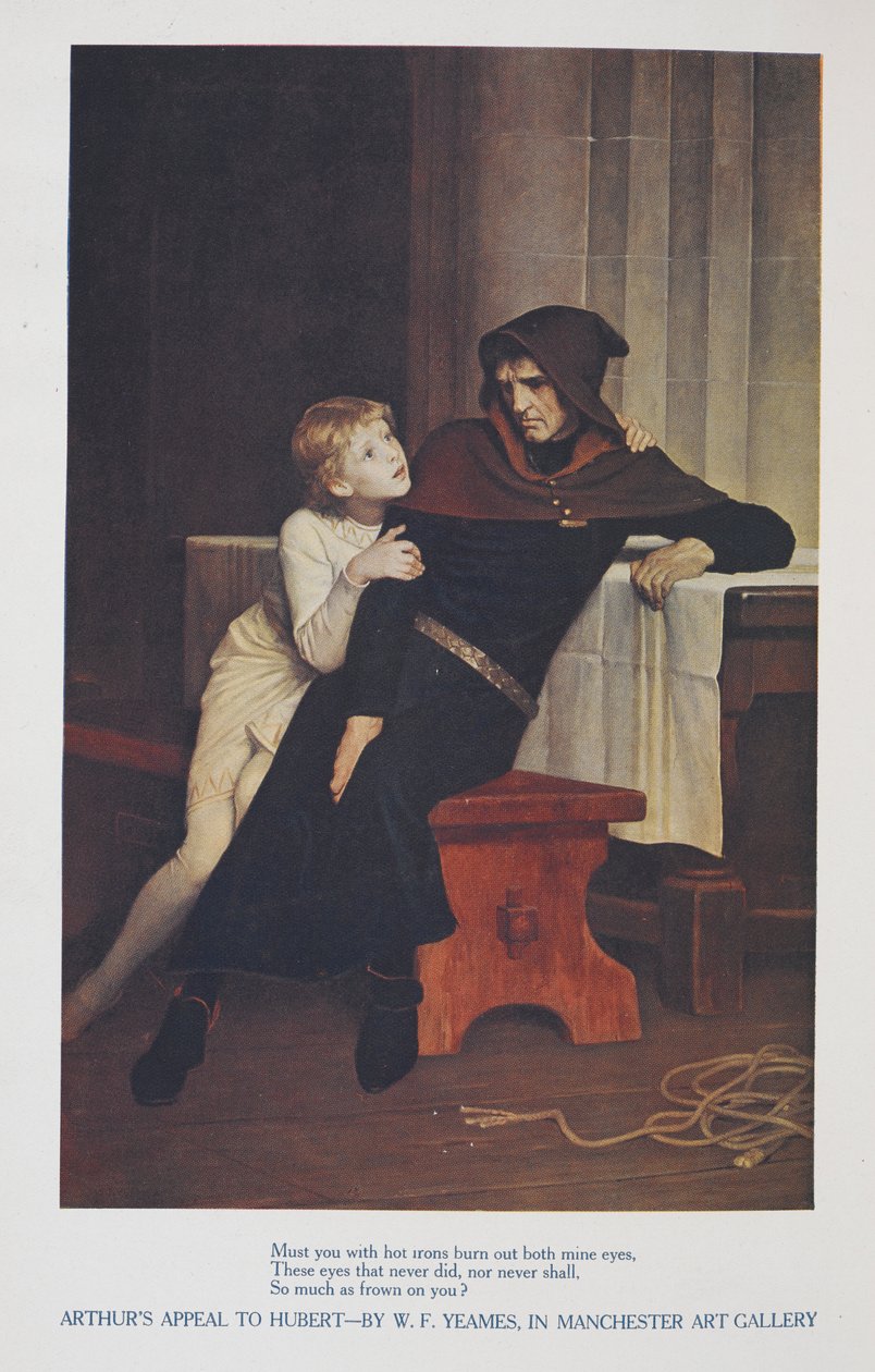 Artušova výzva k Hubertovi - autor W. F. Yeames, v manchesterské galerii umění".Mladý anglický princ Artuš a jeho dozorce Hubert ve vězení v Rouenu ve Francii. od William Frederick Yeames