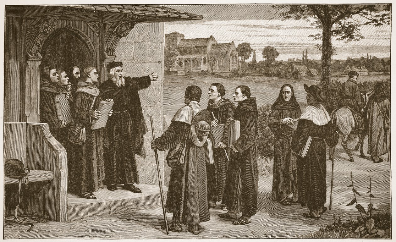 Wycliff posílá své ‚chudé kněze‘, ilustrace z ‚The Church of England: A History for the People‘ od H.D.M. Spence-Jones, hospoda. c.1910 (sépiová fotografie) od William Frederick Yeames