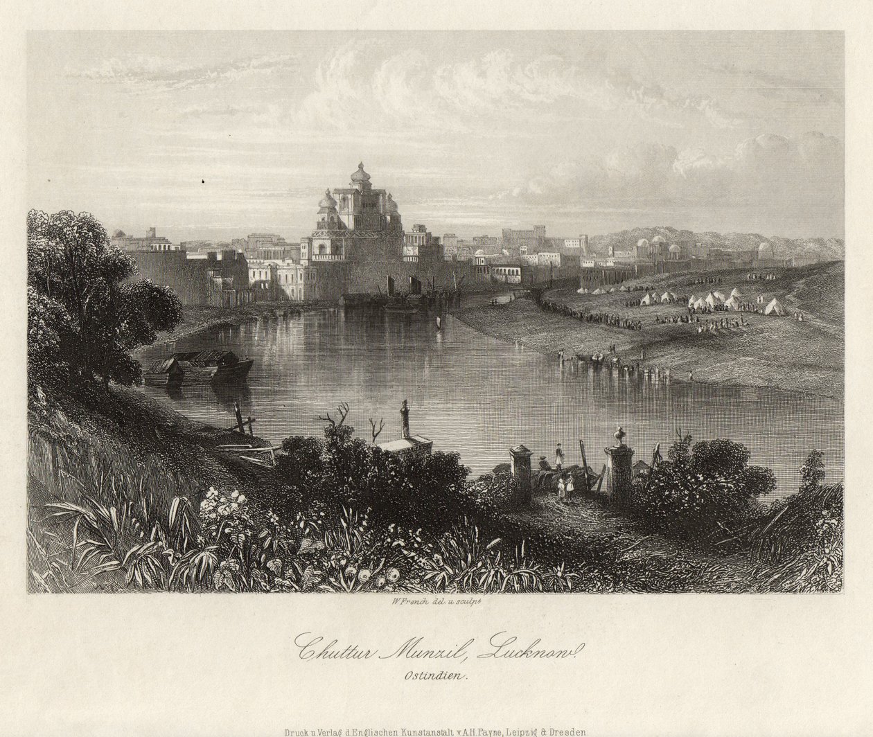 Celkový pohled přes řeku Gomati, Chuttur Munzil, Lucknow. od William French