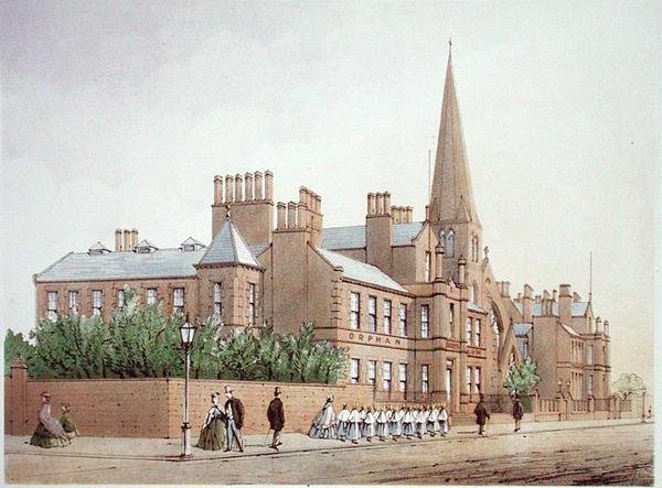 Orphan Boys Asylum, z „Modern Liverpool Illustrated“ od Williama Gavina Herdmana a A. Pickeringa, vydáno 1864 (barevně lito) od William Gavin Herdman