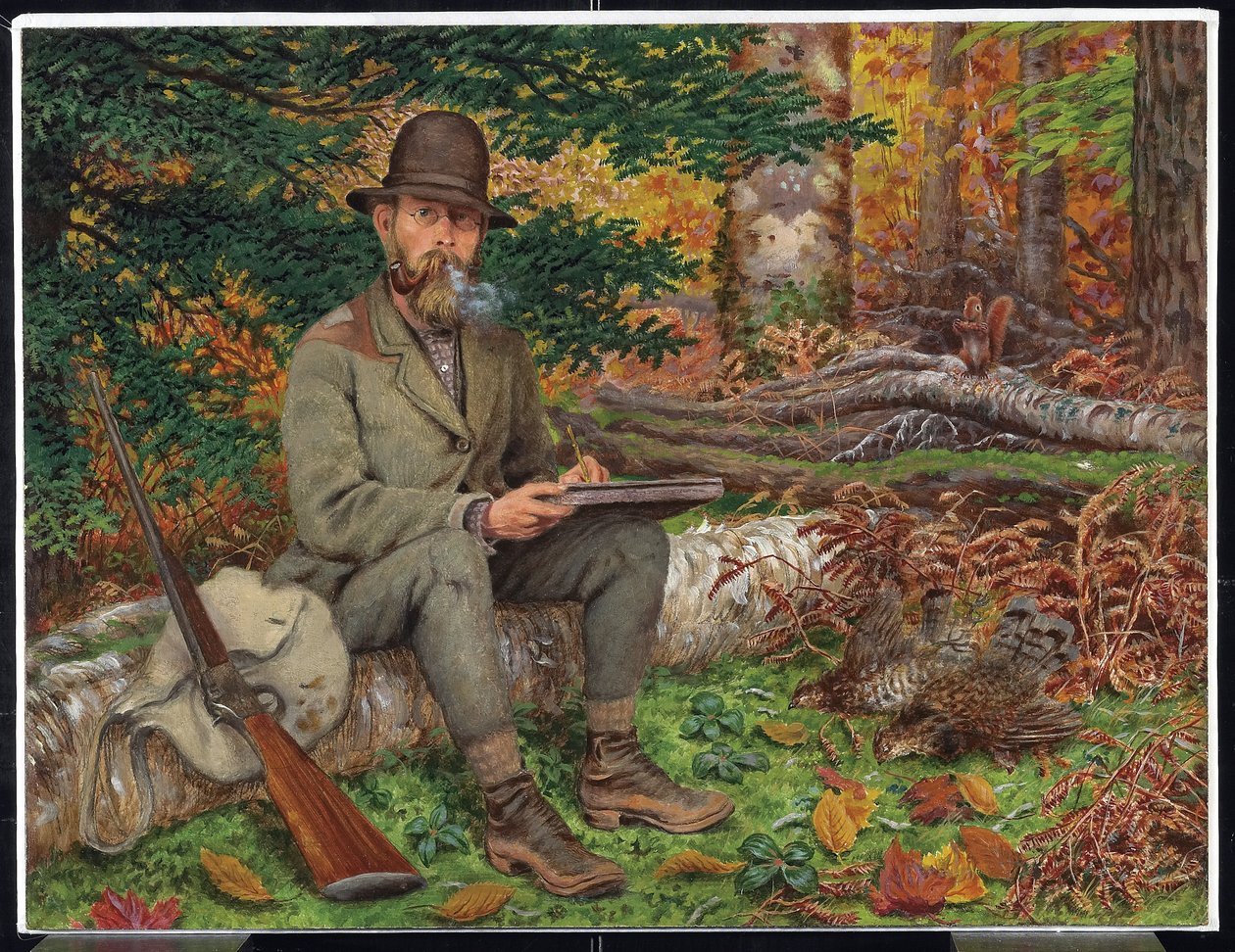 Autoportrét v Hunting Gear, cca 1875 (olej a grafit na papíře na laminované dřevovláknité desce) od William George Richardson Hind