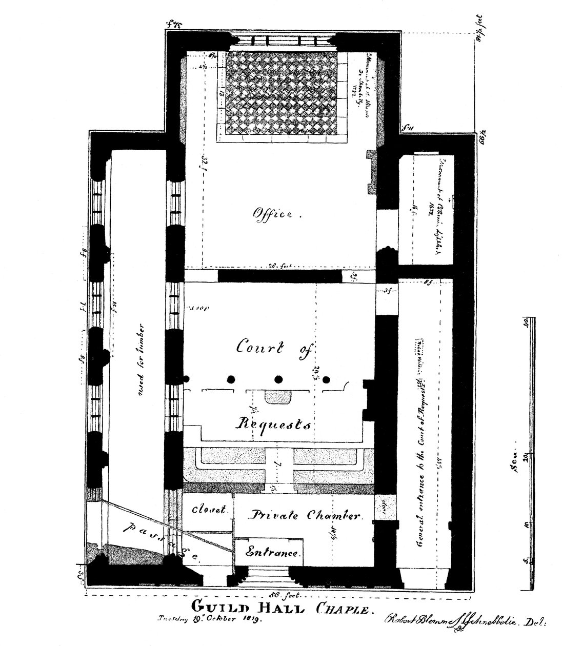 Plán Guildhall Chapel, King Street, Cheapside, Londýn, 1819 1886. od William Griggs