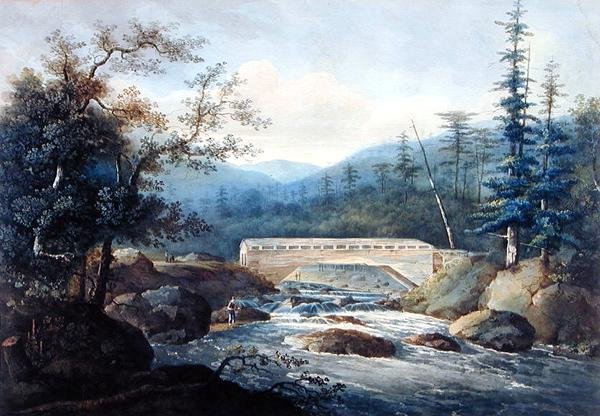Krytý most přes řeku Sacandaga, Hadley, NY, cca 1820 (grafit a akvarel na papíře) od William Guy Wall