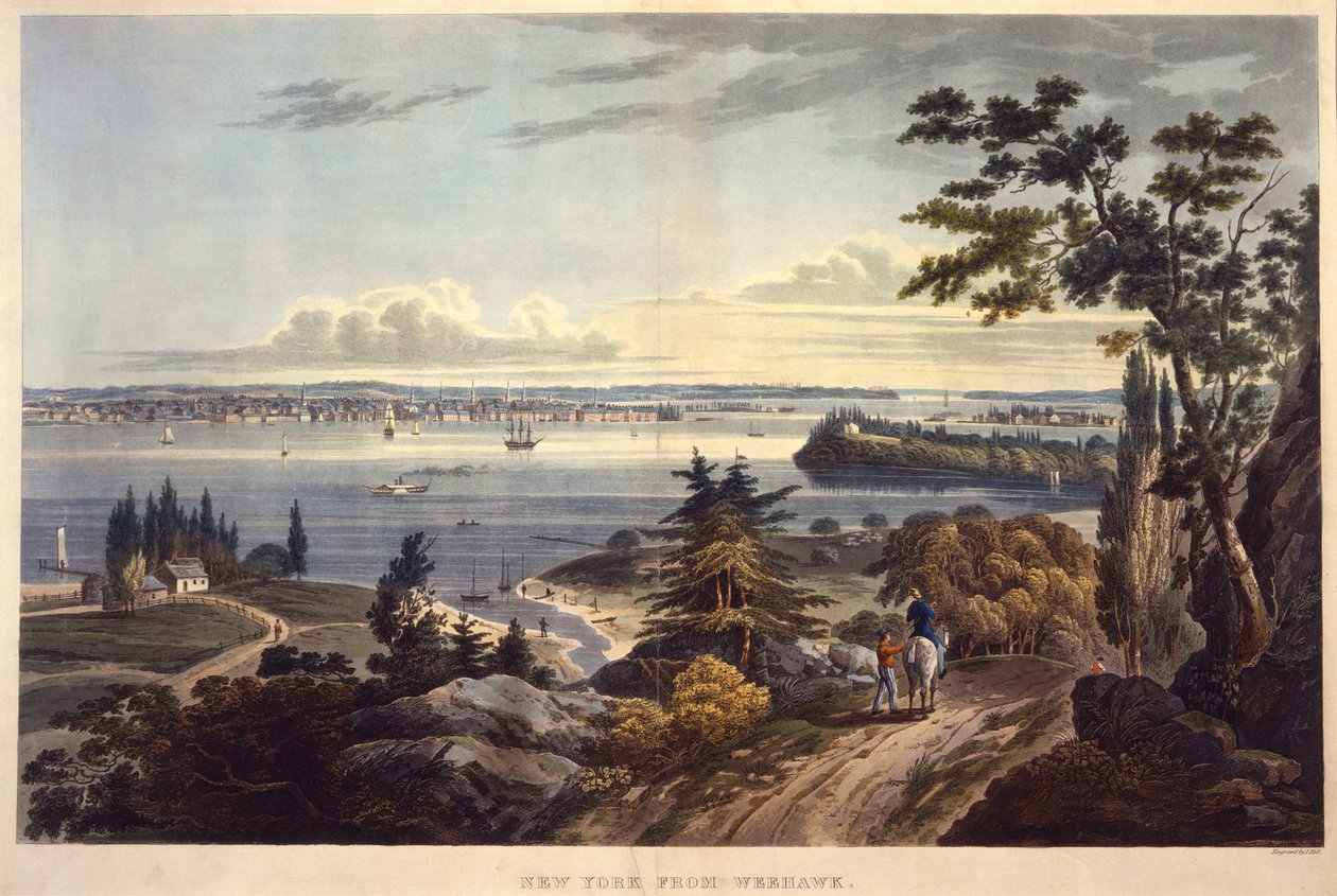 New York z Weehawk [Weehawken], vyryto Johnem Hillem, nedatováno (akvatinta) od William Guy Wall