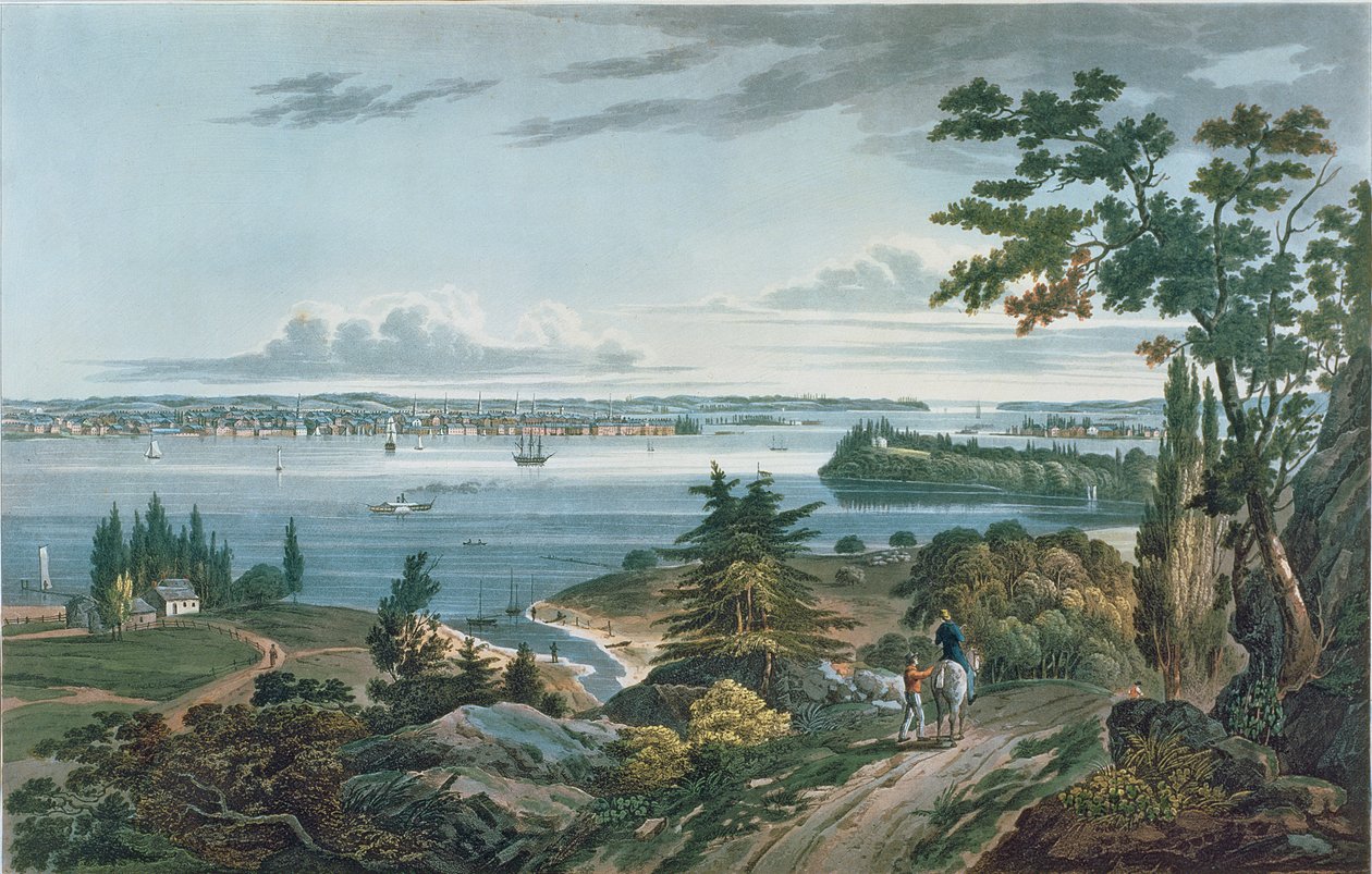 New York z Weehawk, ryl I. Hill, 1820-3 (barevná akvatinta) od William Guy Wall