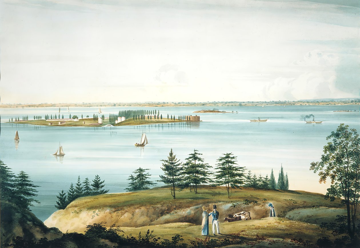 The Bay of New York and Governors Island Převzato z Brooklyn Heights, 1820-25. od William Guy Wall