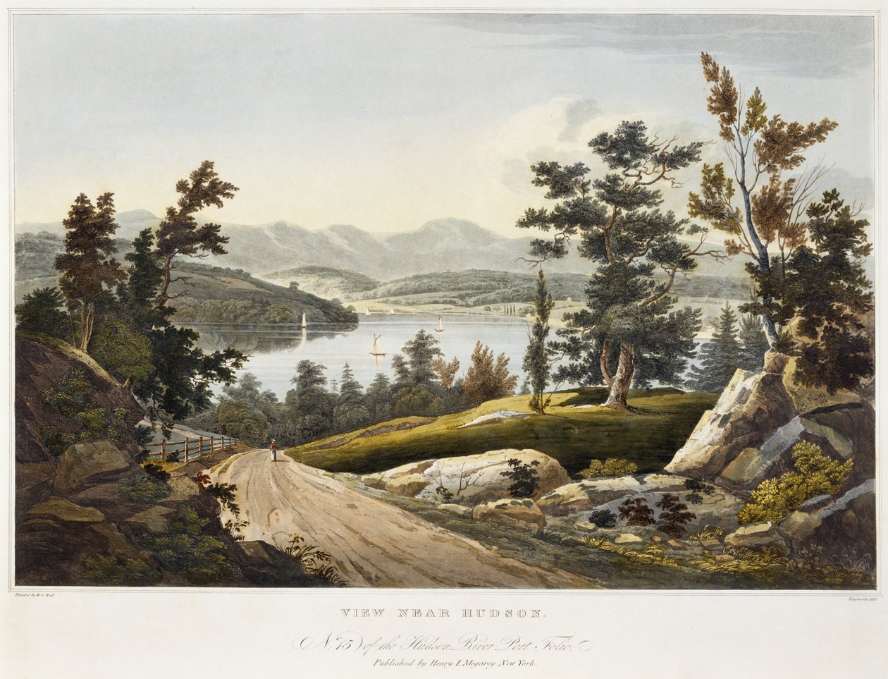 Pohled poblíž Hudsonu, 1822 (akvatinta na papíře s ručním kolorováním) od William Guy after Wall