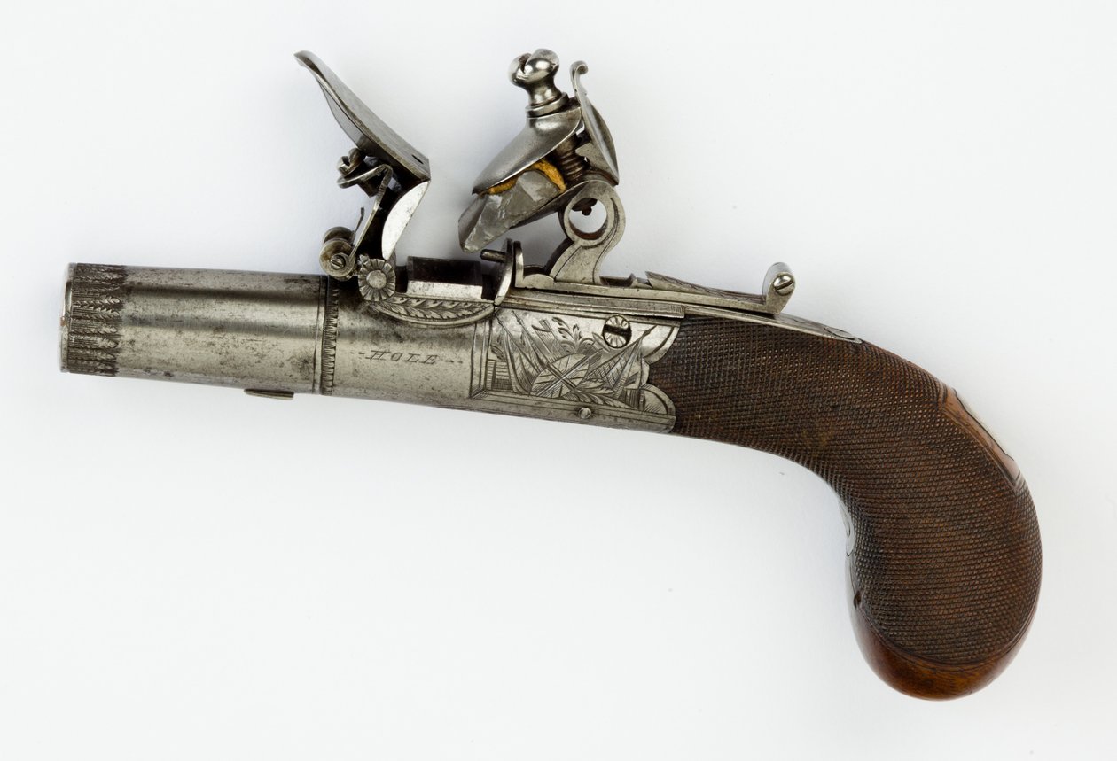 Křesadlová kapesní pistole s Box-Lock, cca 1820 (ocel, stříbro a ořechové dřevo) od William Hale