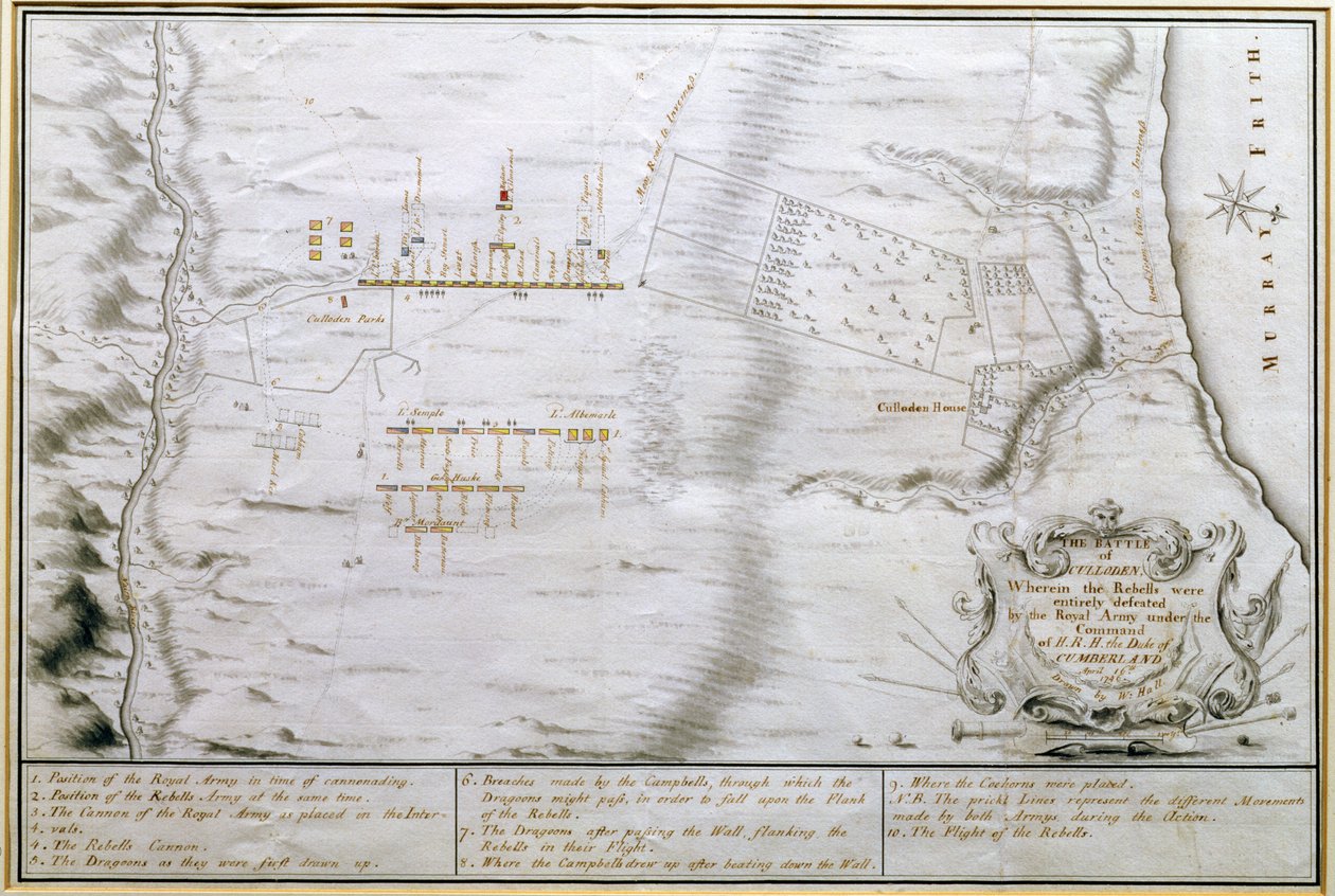 Plán bitvy u Cullodenu, 16. dubna 1746 (pero a inkoust na papíře) od William Hall