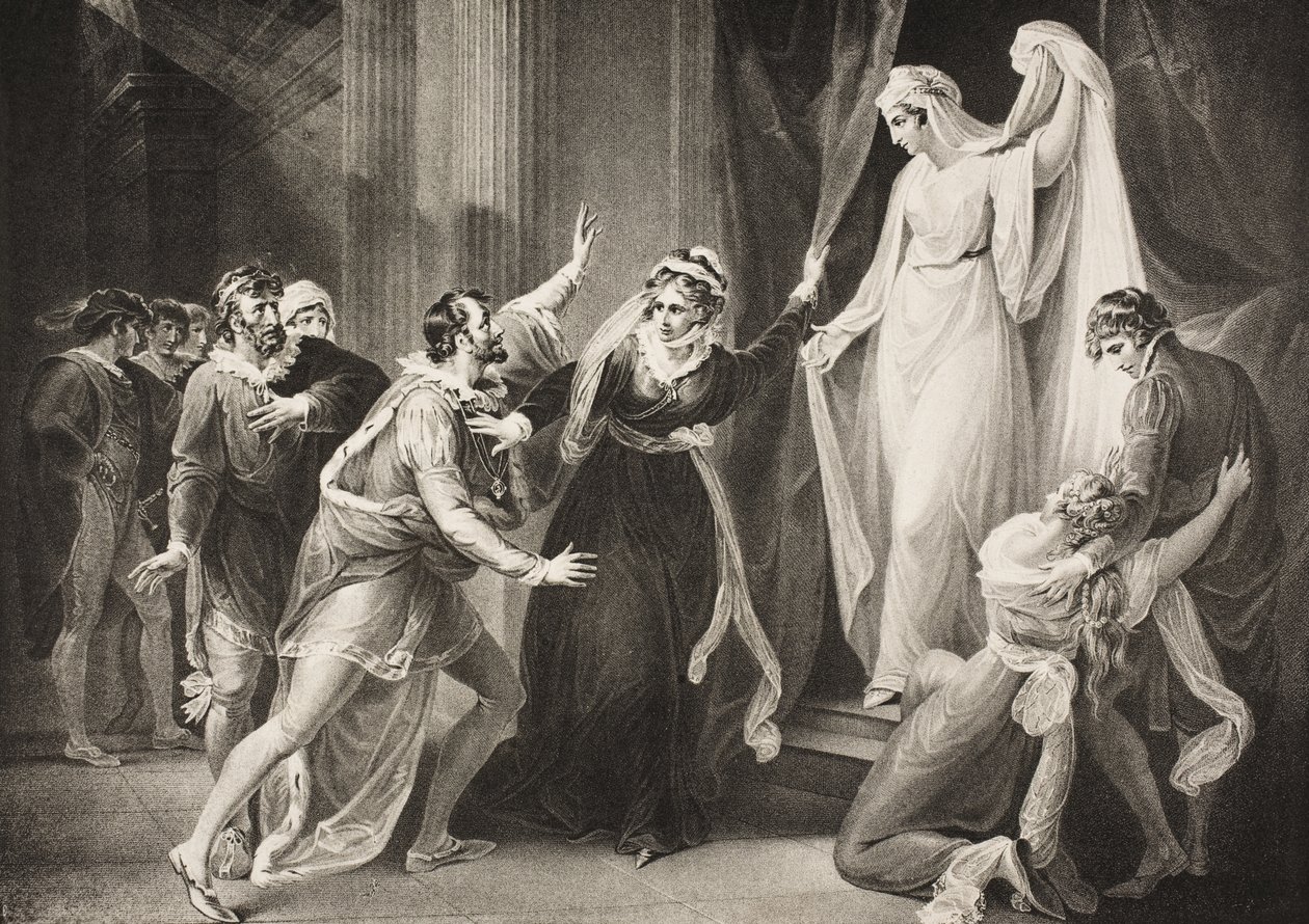 Kaple v Paulině domě, dějství V, scéna III, z „Zimní pohádky“, z galerie Boydell Shakespeare, vydané koncem 19. století od William Hamilton